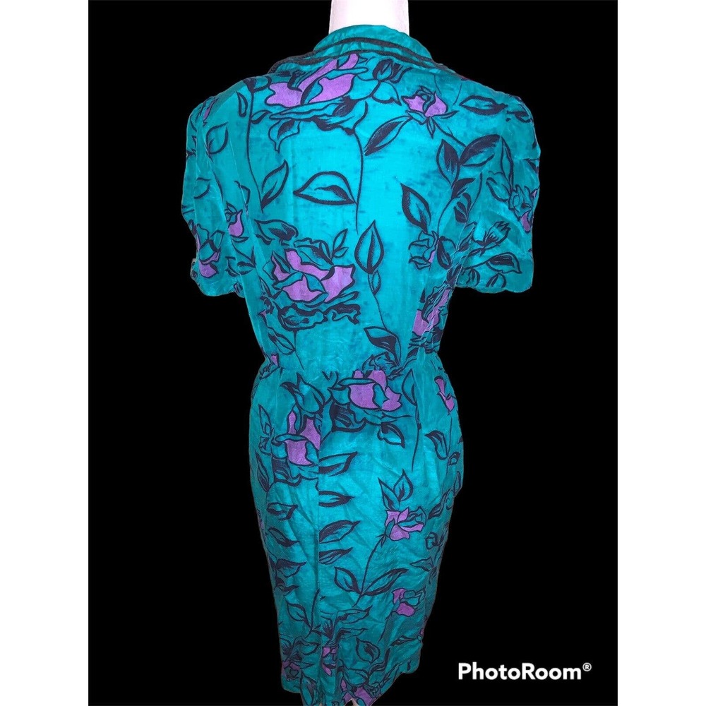 Vintage 80s Jack Mulqueen Size 14 Green 100% Silk Floral Print Dress - Picture 3 of 5